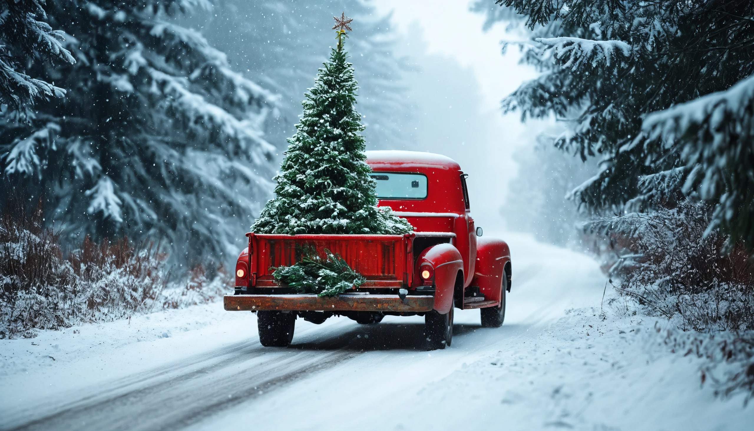 A red pickup truck carrying a Christmas tree on a snowy landscape background. The concept of celebrating Christmas.